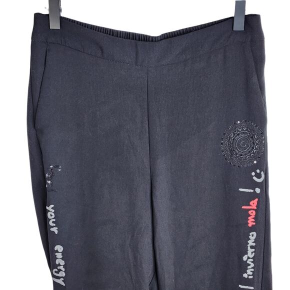 Desigual Womens M Slim Fit Jogger‎ Trousers Pia Logo Embroidered Black Pull On - Picture 4 of 11